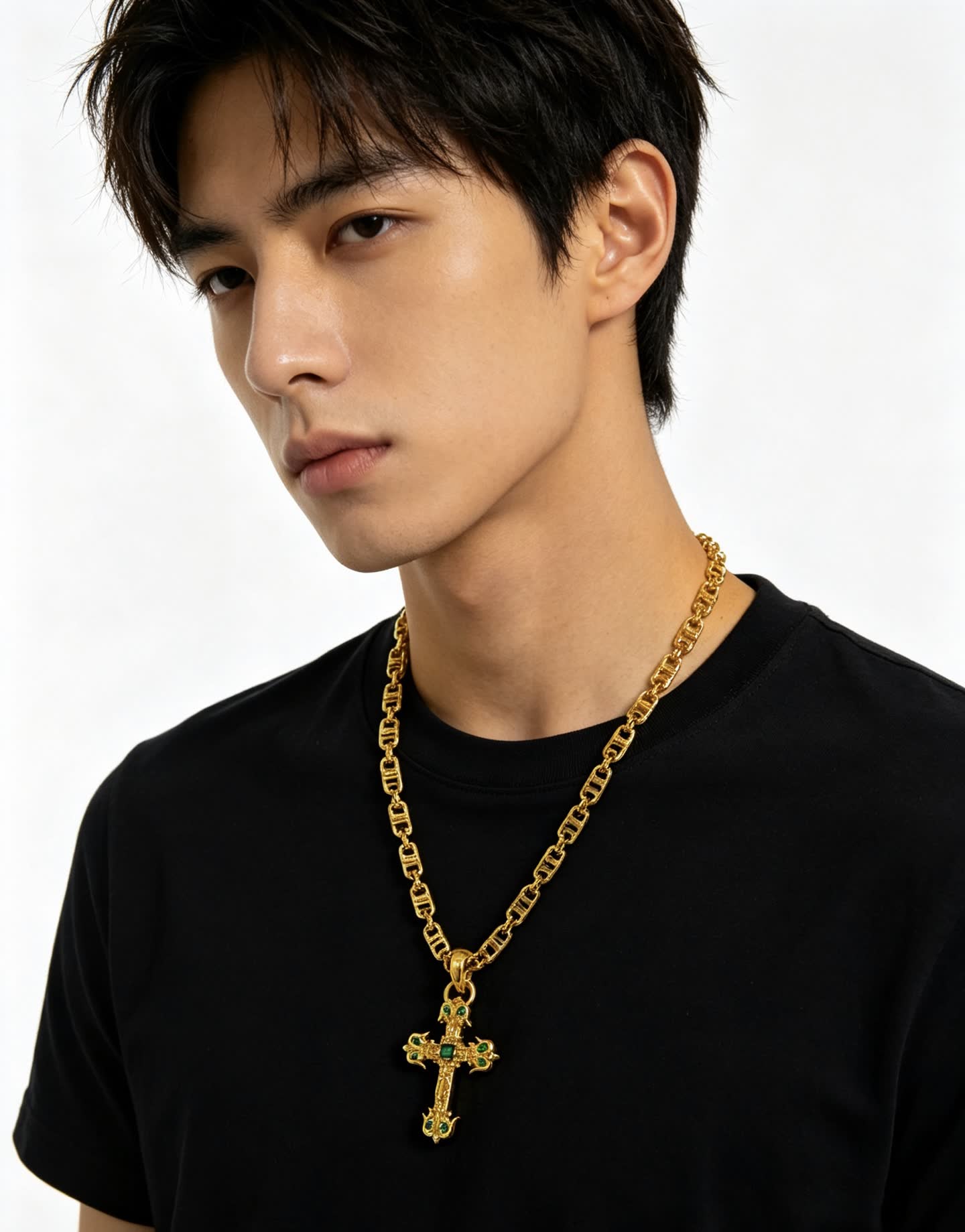 Chrome Hearts Gold-Plated Cross Pendant Necklace with Emerald Accents